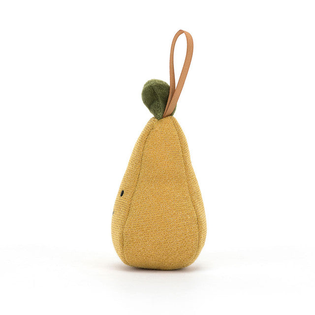 side view of Festive Folly Pear Plush Toy