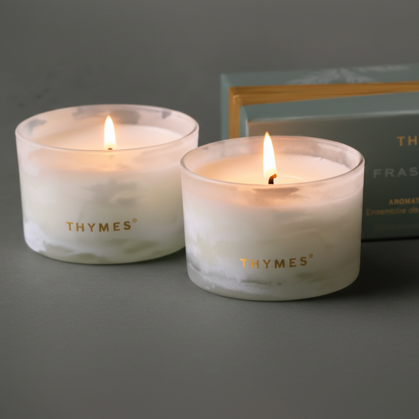 Two lit THYMES Fraser Fin scented candles in clear glass holders with white wax, shown in front of a muted green product box with gold lettering on a dark gray surface.