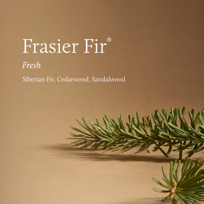 'Frasier Fir Fresh' white text on a warm tan background with green pine branches in the lower right corner.