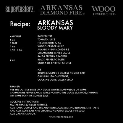 Arkansas Bloody Mary recipe card with ingredients and preparation instructions. Call 501-327-2182 for more information.