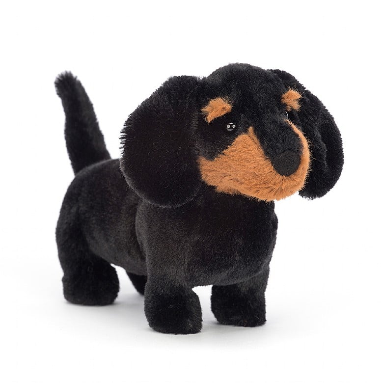 front angled view of Freddie Sausage Dog Plush Toy displayed against a white background