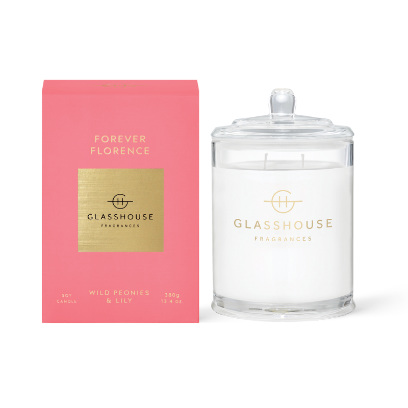 Forever Florence Triple Scented Candle displayed next to the pink box on a white background
