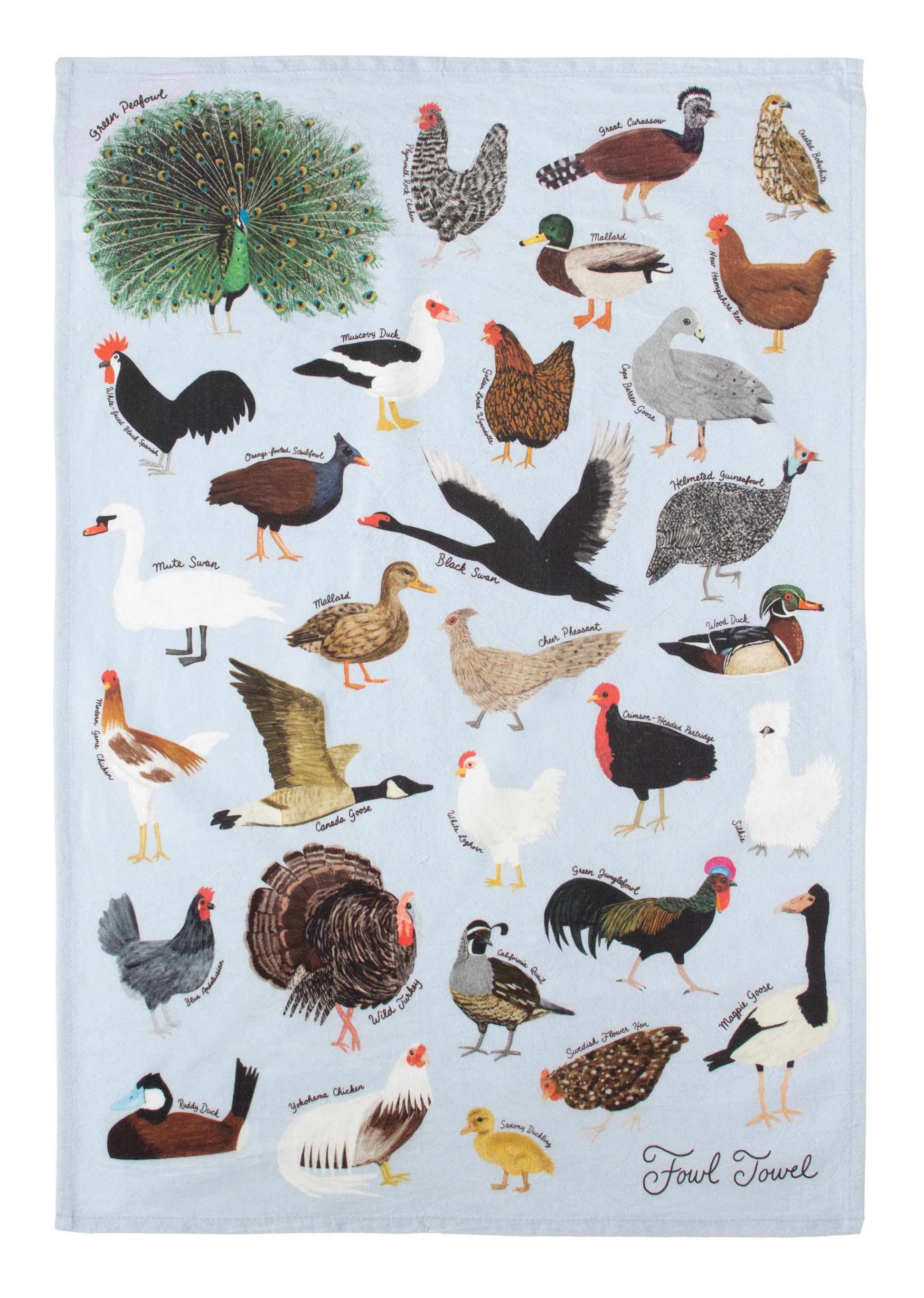light blue Fowl Towel printed with all kinds of birds