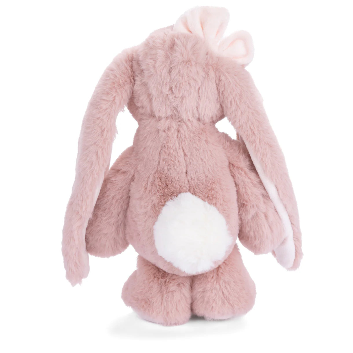 back view of pink plush bunny with white fluffy tail
