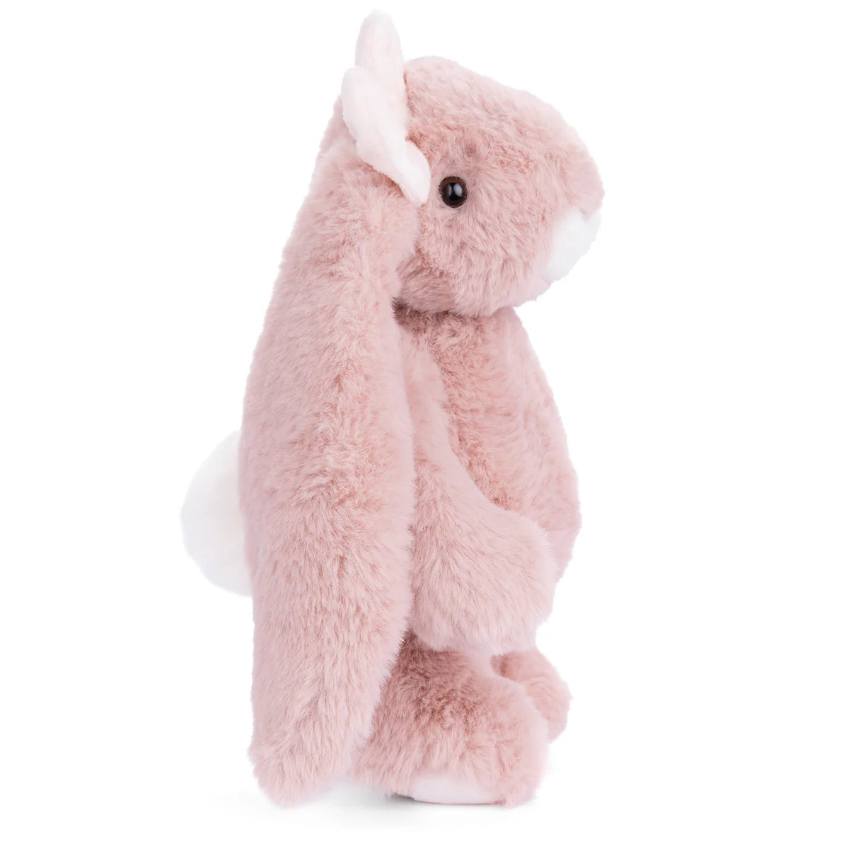 side view of pink plush bunny