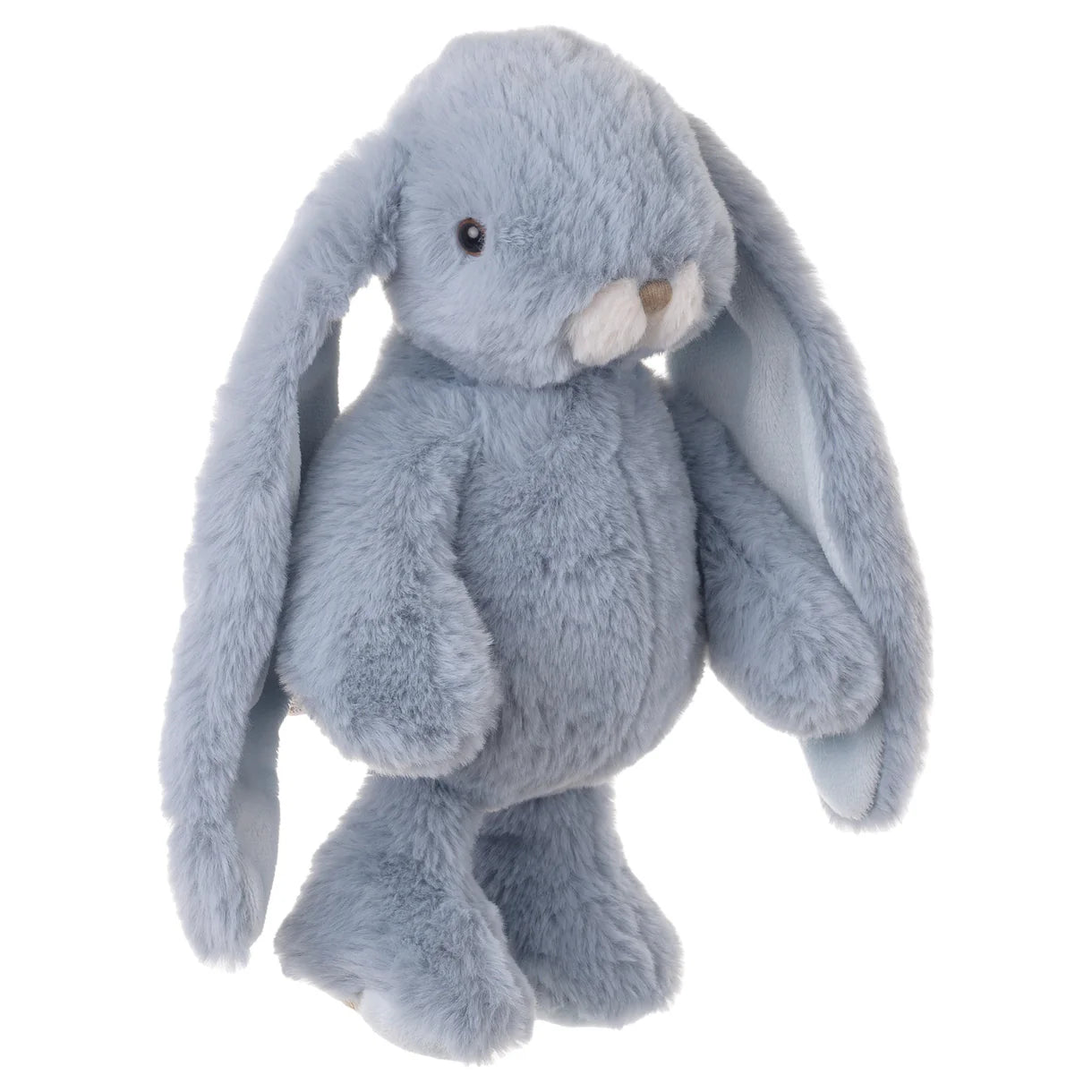 Plush toy rabbit with blue fur and long ears on a white background