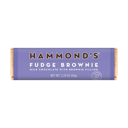 Fudge Brownie Milk Chocolate Candy Bar in its paper packaging