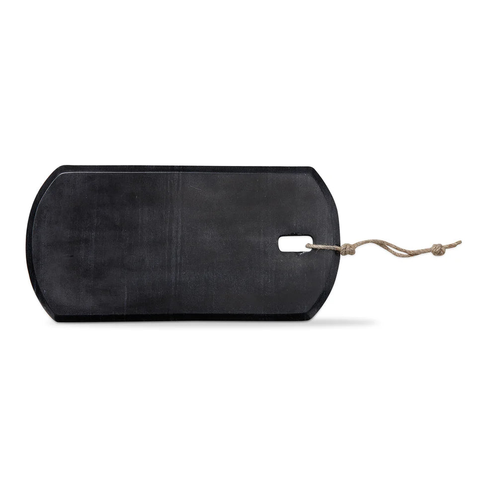 A black marble serving board with a leather loop for hanging, displayed against a white background.