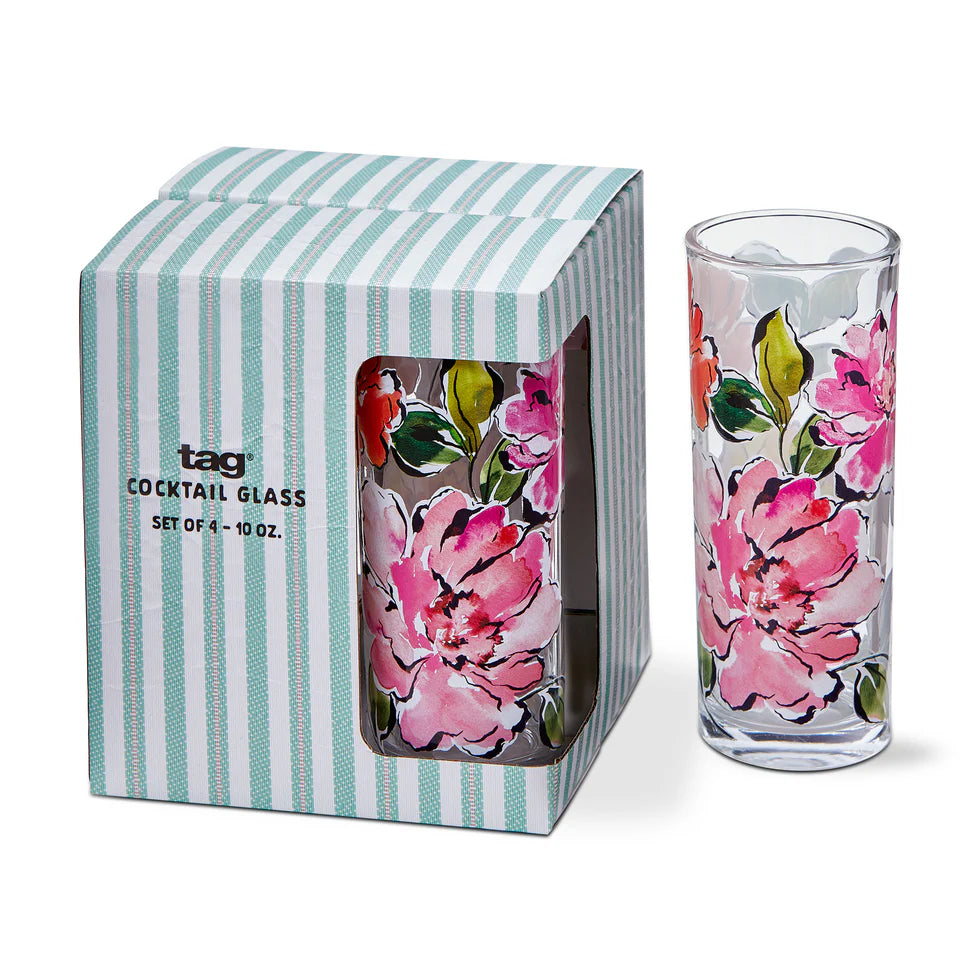 set of Floral cocktail glasses in striped packaging with another floral glass set next to it