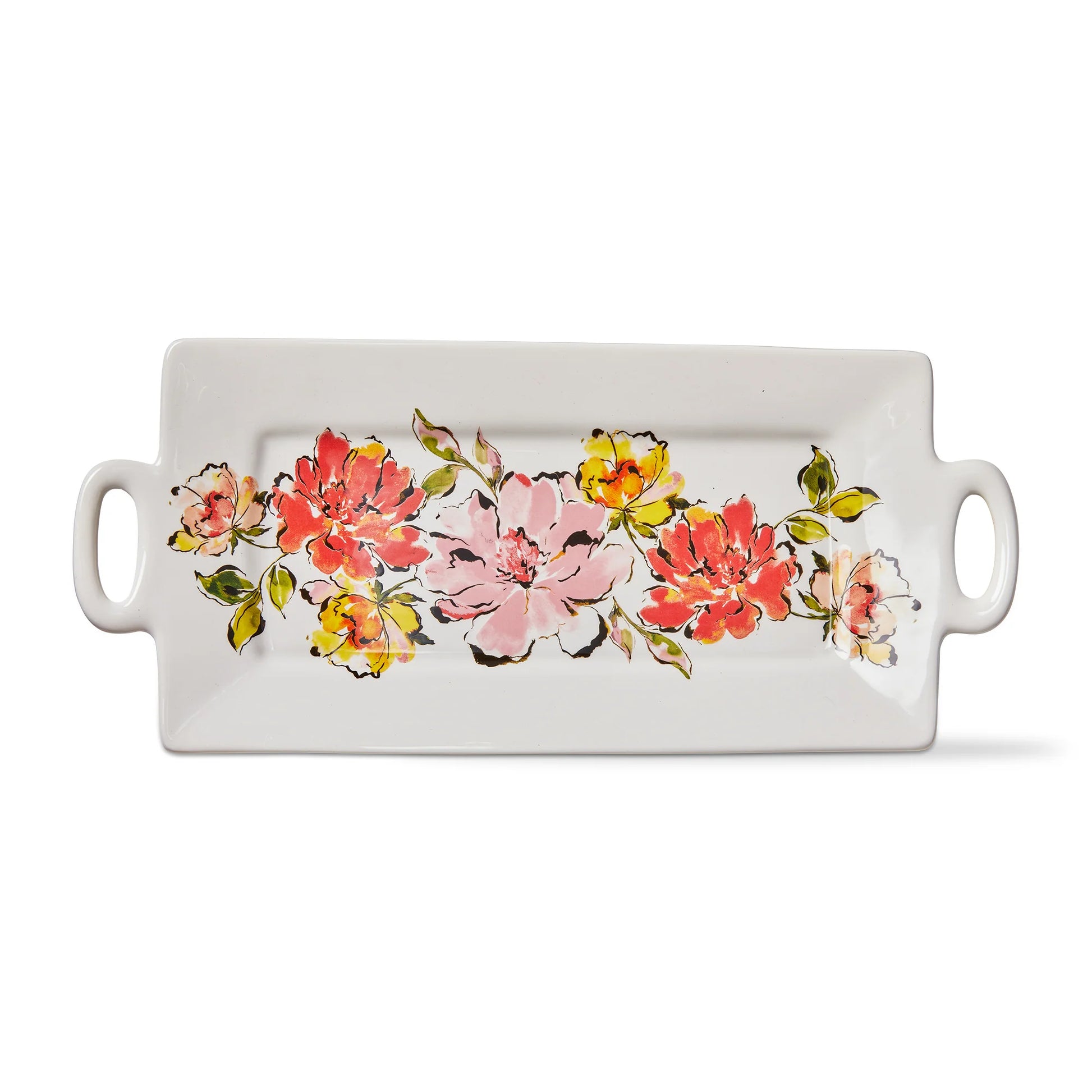 Rectangular ceramic tray with floral design on a white background