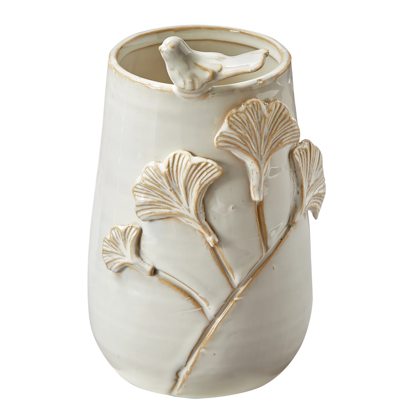 Ceramic vase with bird and leaf designs on a white background