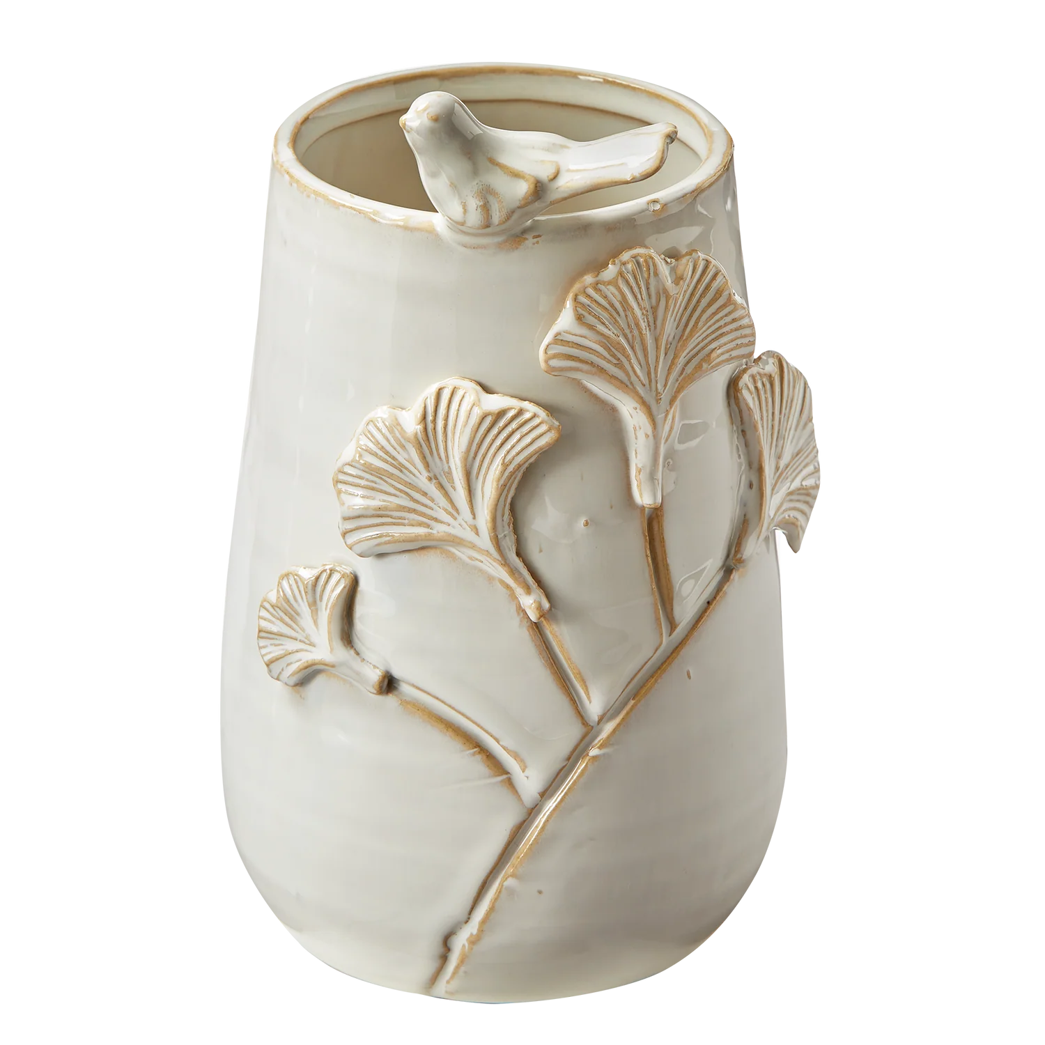 Ceramic vase with bird and leaf designs on a white background