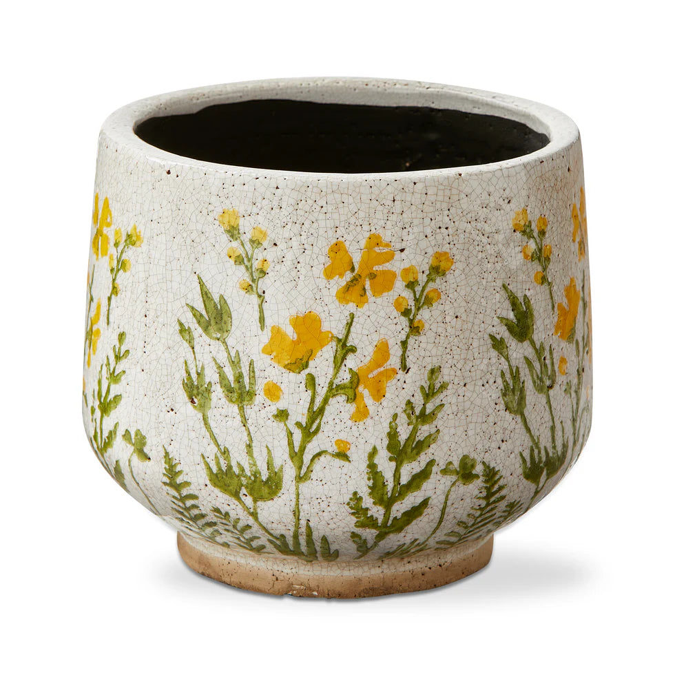 large Ceramic pot with yellow floral design on a white background