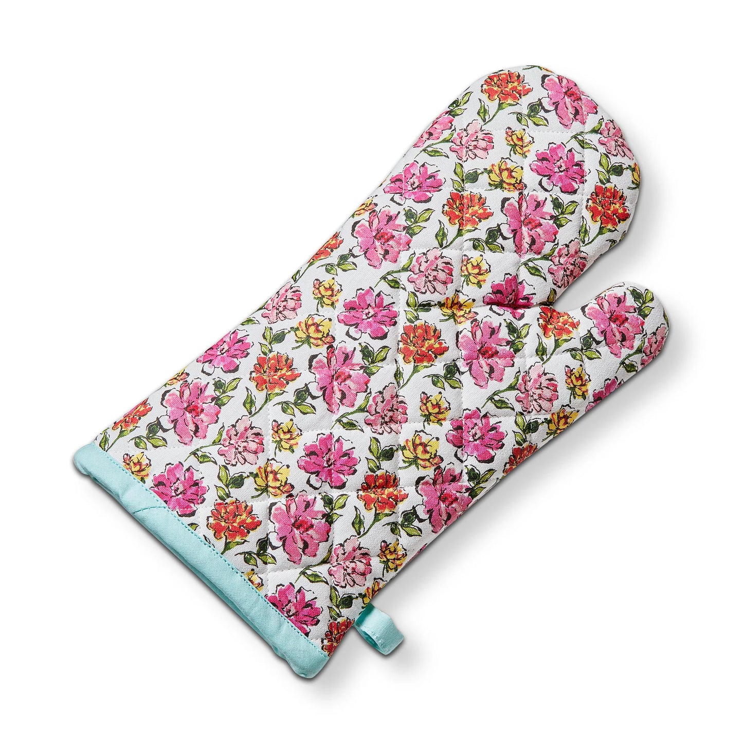 Floral patterned oven mitt on a white background