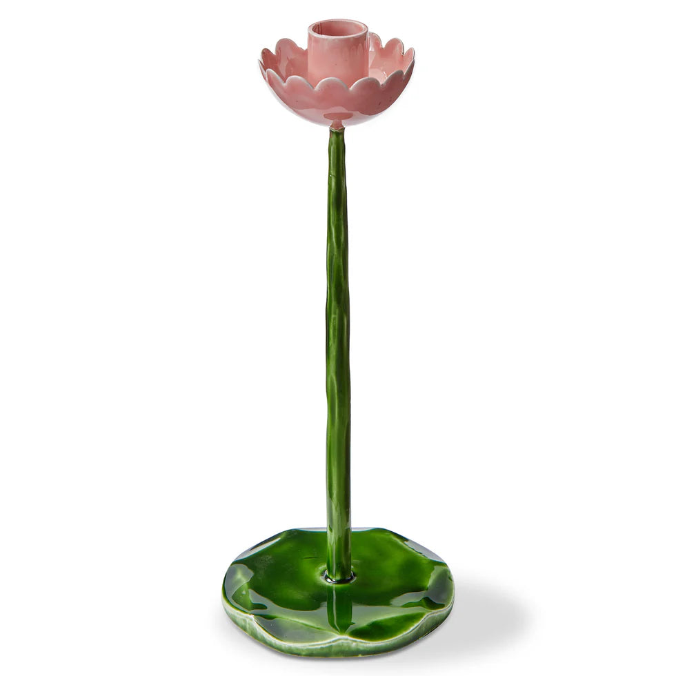 tall pink flower taper holder on a green stem and base