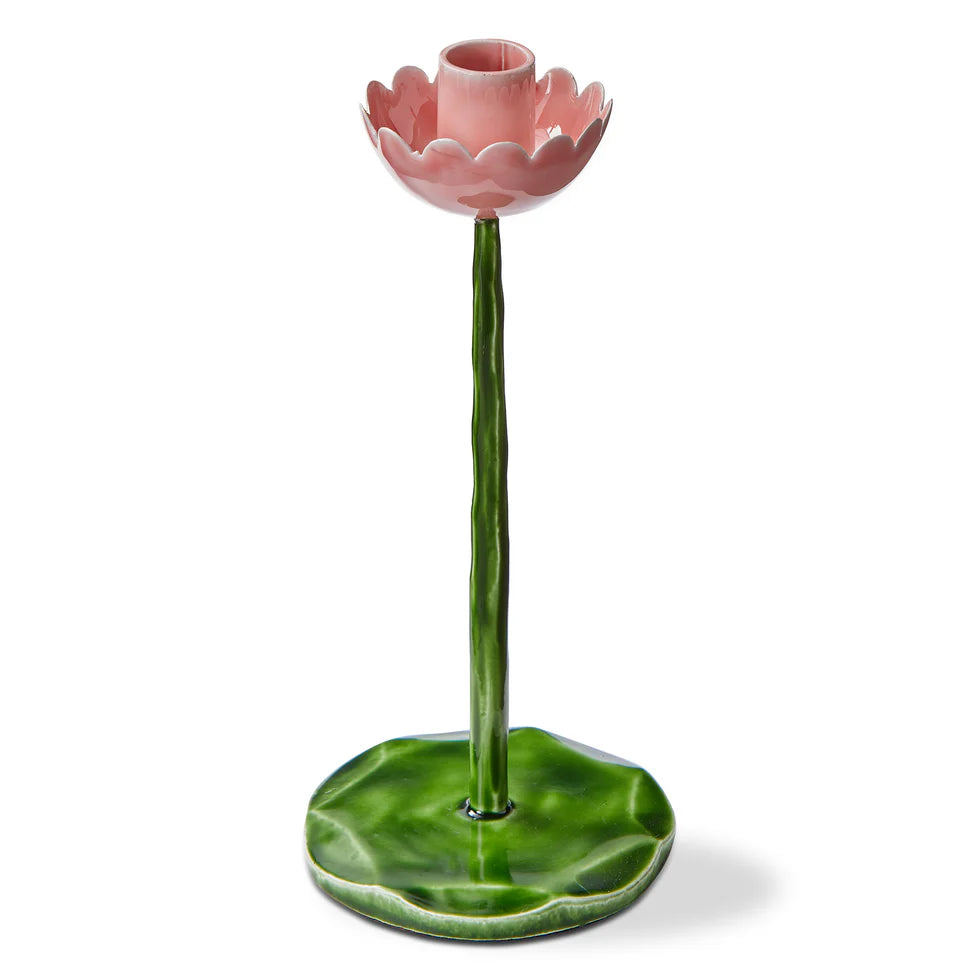 short pink flower taper holder on a green stem and base