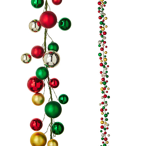 close up and distant view of the red, green, and gold ball garland on a white background