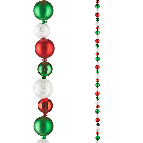 close up and distant view of the red, green, and white ball garland displayed on a white background