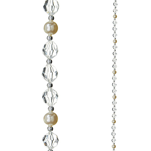 close up and distant view of the crystal and pearl garland displayed on a white background