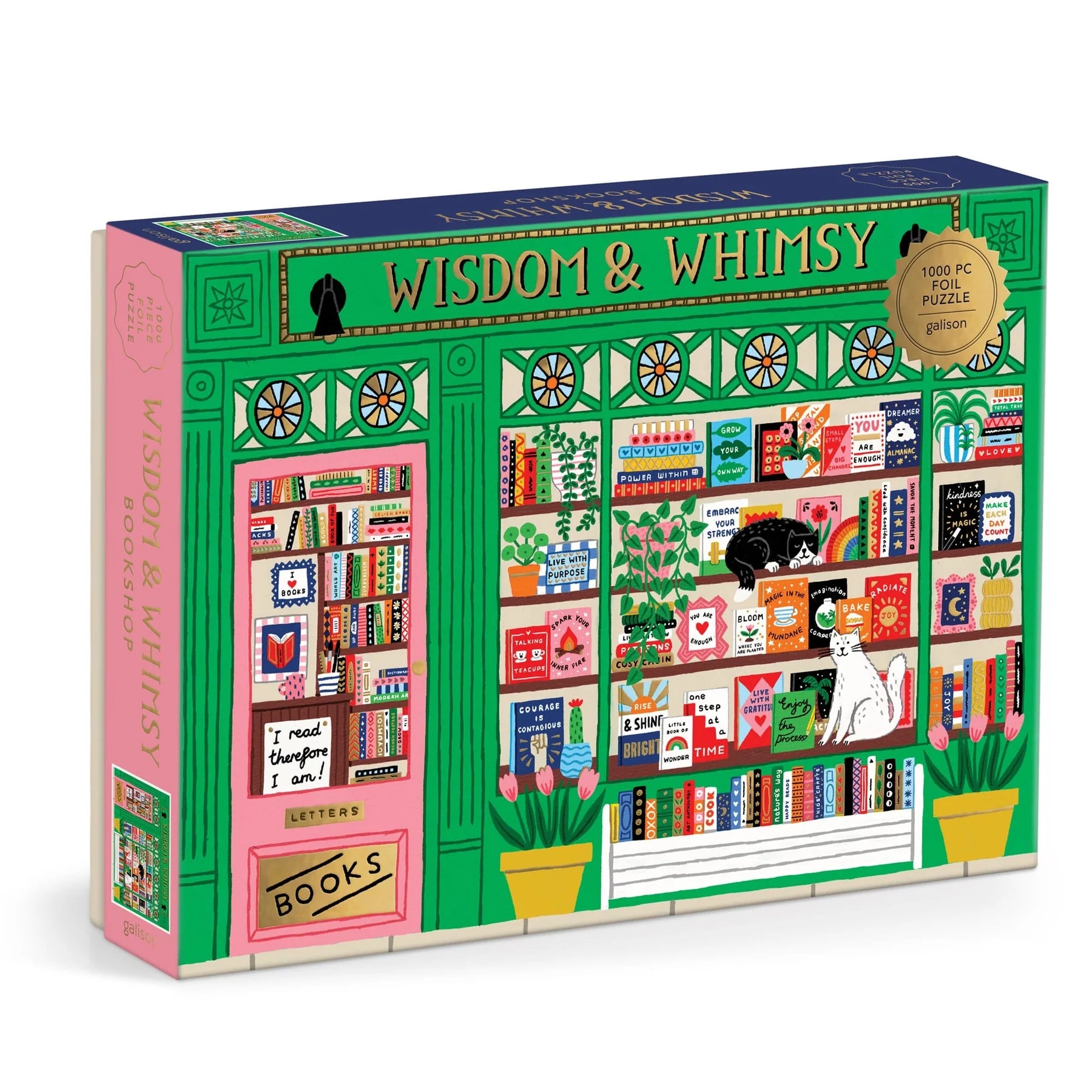 angled view of Puzzle box with 'Wisdom & Whimsy' branding and colorful design