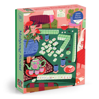 Puzzle box with a colorful design of a room with furniture and a table with mahjong arranged on it