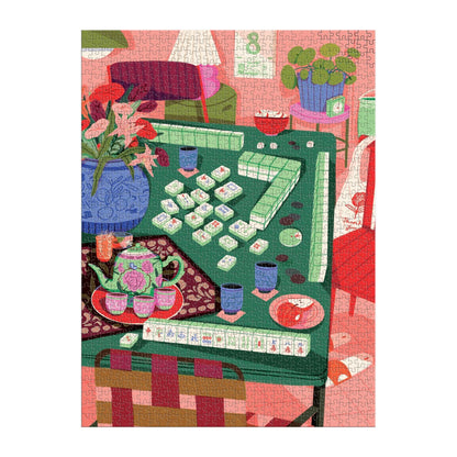 finished puzzle of a room with a table full of tea cups, teapot, and mahjong.