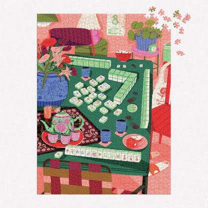 Jigsaw puzzle with a colorful illustration of a room with furniture and decor.