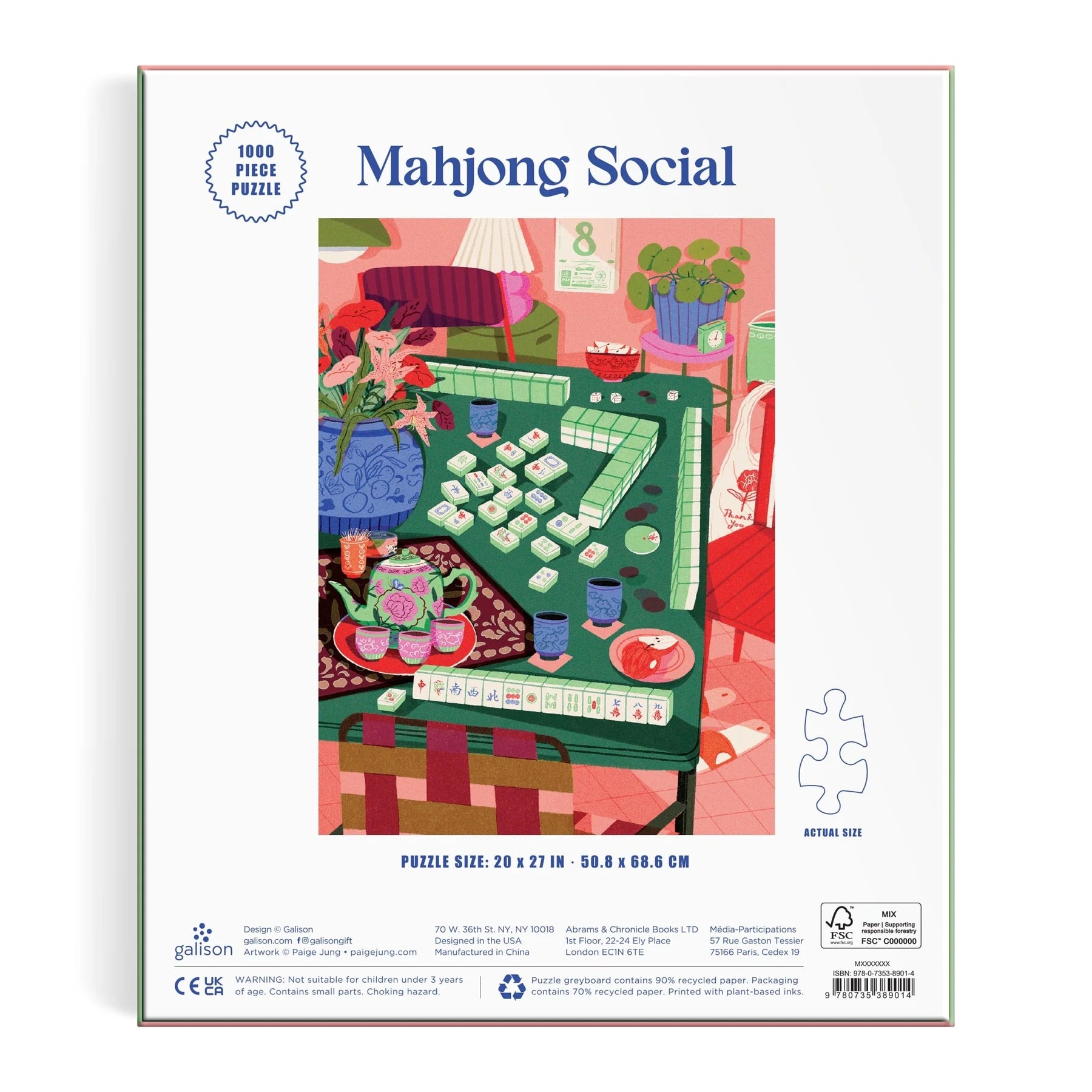back view of Jigsaw puzzle packaging for 'Mahjong Social' with a colorful illustration of a room with a table set for tea.