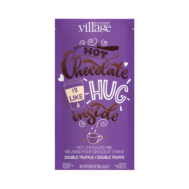 purple package of cocoa with "hot chocolate is like a hug inside" printed across the front.