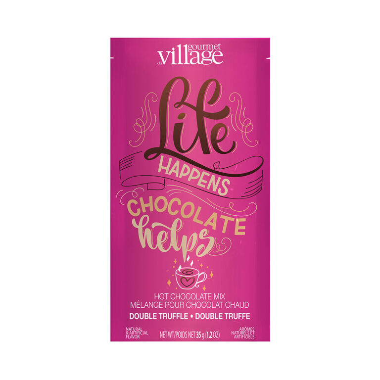 pink packet of cocoa mix with "life happen, chocolate helps" printed across the front.