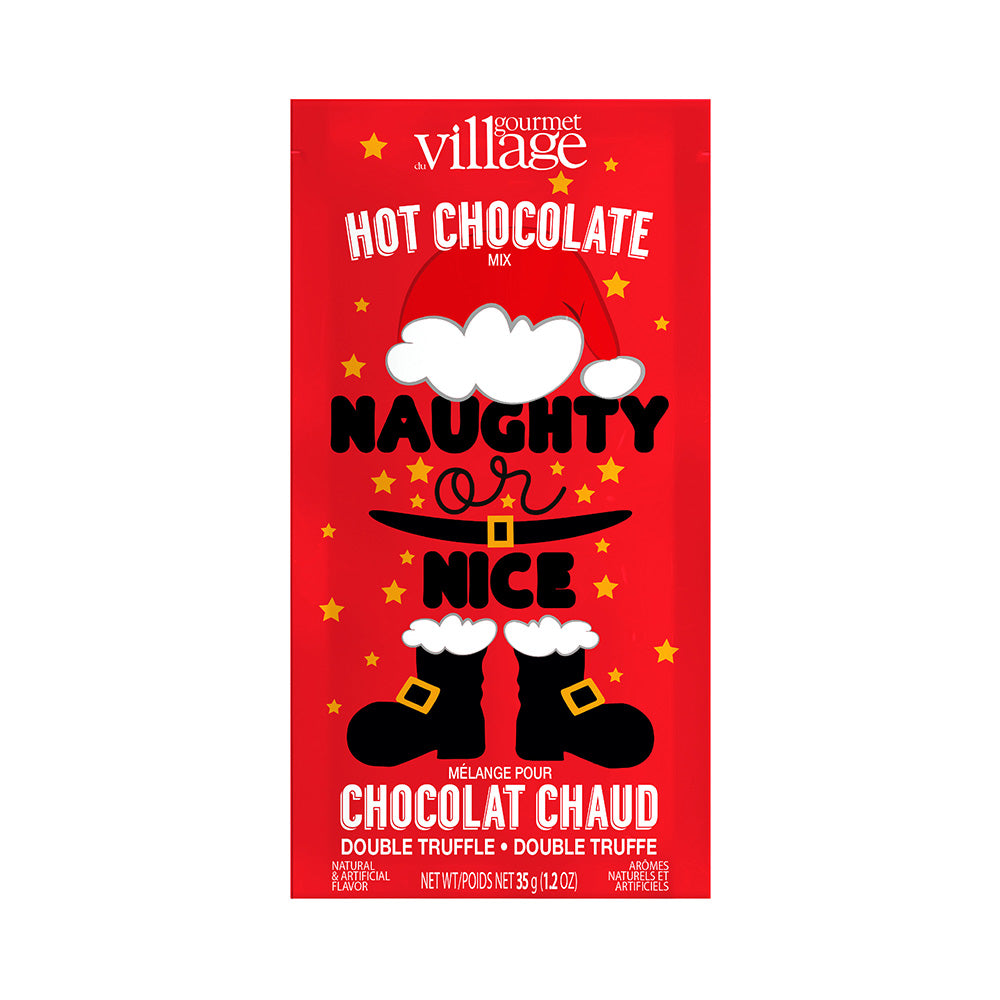 individual packet of naughty or nice hot chocolate package on a white background