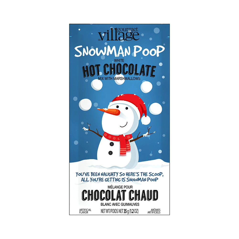 individual packet of snowman poop hot chocolate against a white background