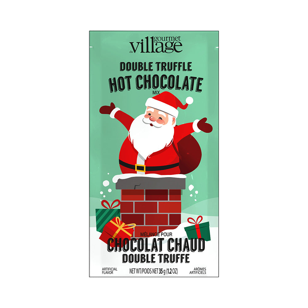 Gourmet Village Double Truffle Hot Chocolate Mix packaging with Santa Claus on a green background