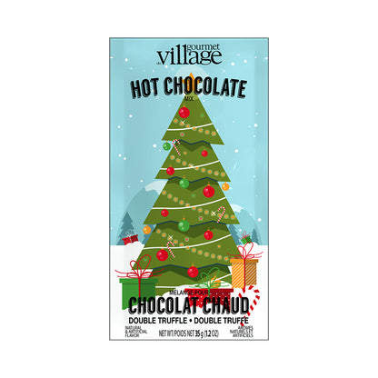 individual packet of christmas tree hot chocolate package on a white background