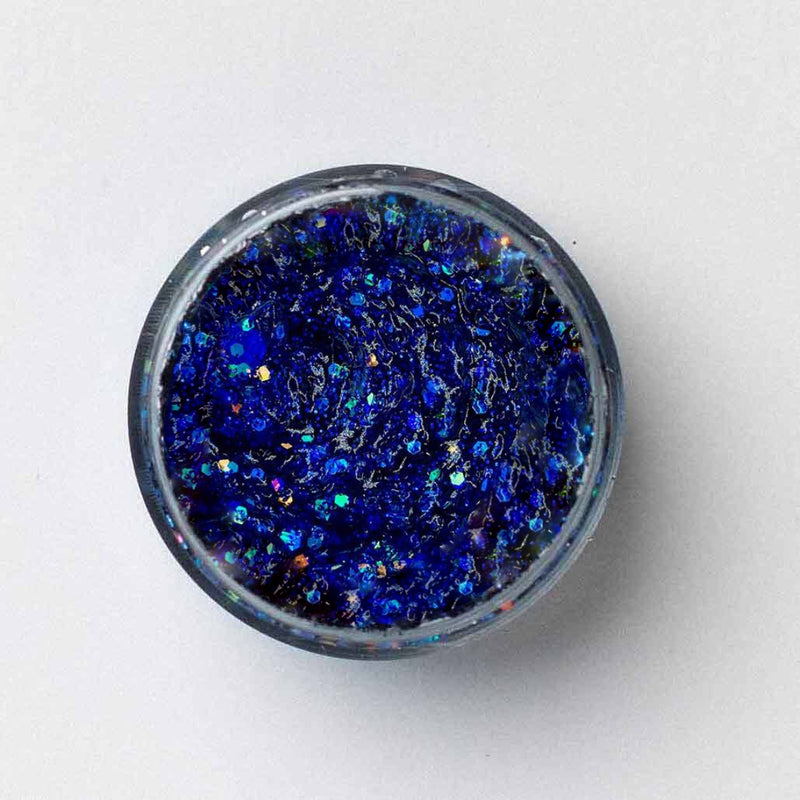 top view of open jar of galexie glister Blue Suede Shoes cosmetic glitter gel.