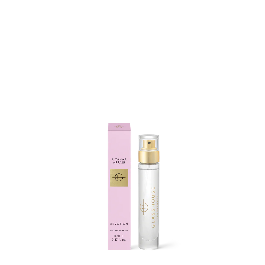 glass bottle of A Tahaa Affair Eau De Parfum set next to its pink box packaging