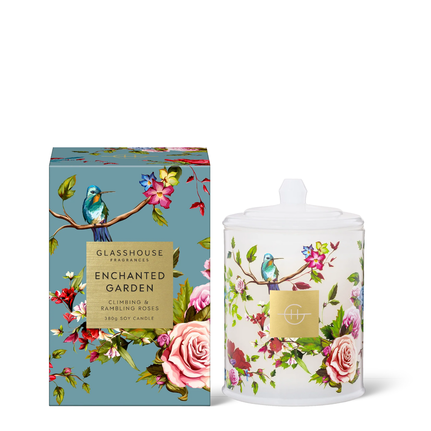 Glasshouse Fragrances Enchanted Garden Triple Scented Candle set next to its box packaging.