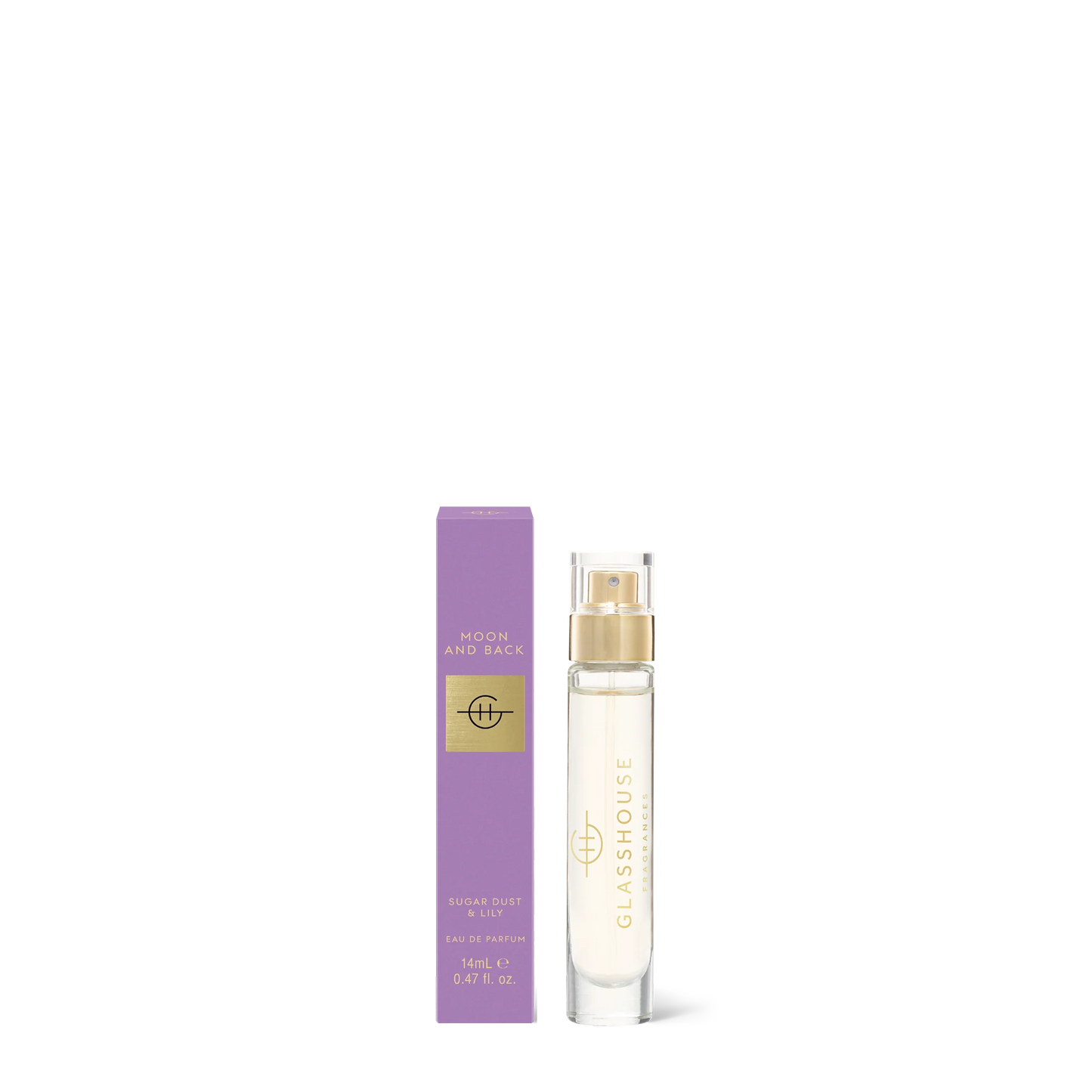bottle of Moon and Back Eau De Parfum set next to its purple box packaging.