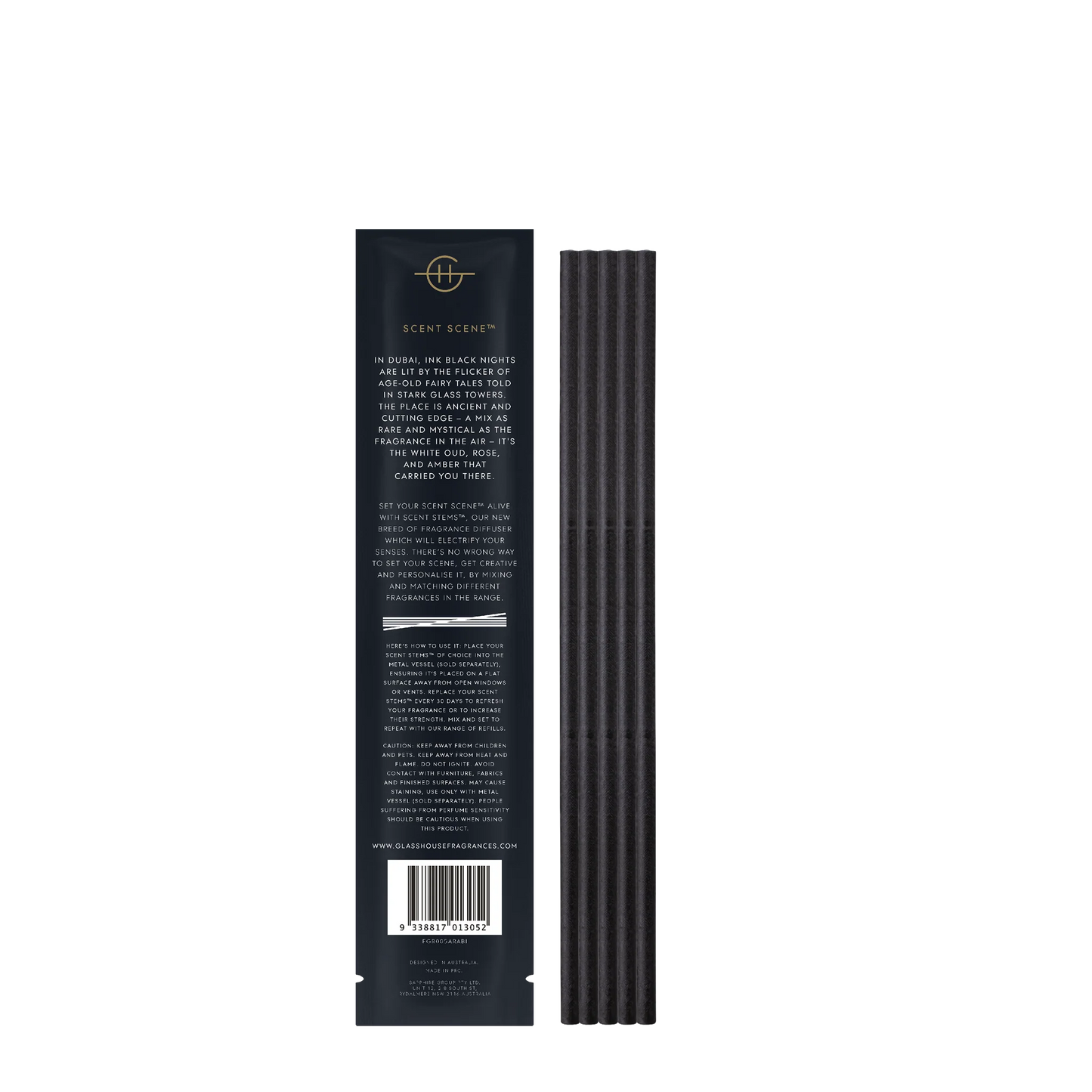 Arabian Nights sent stems set next to a back view of its packaging