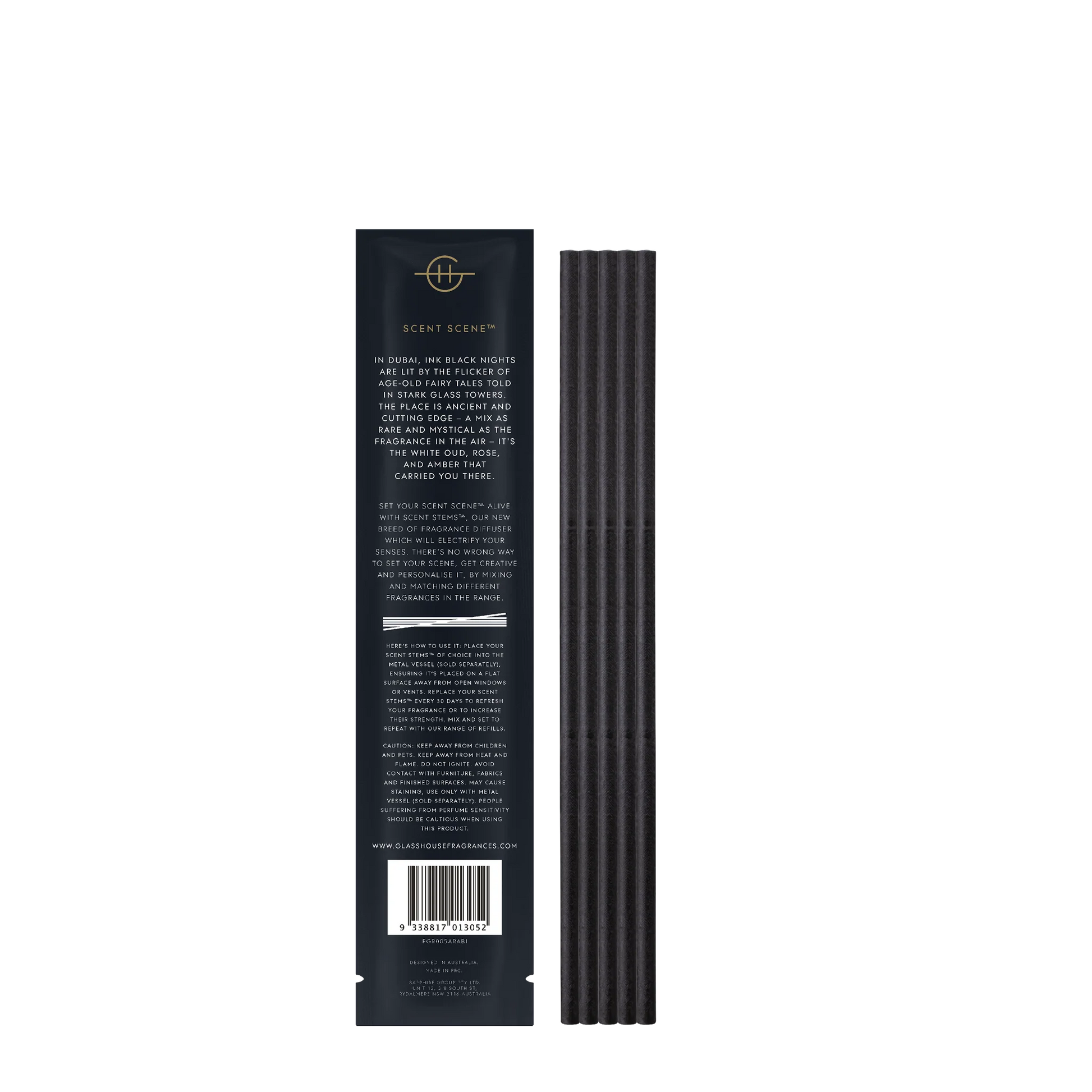 Arabian Nights sent stems set next to a back view of its packaging