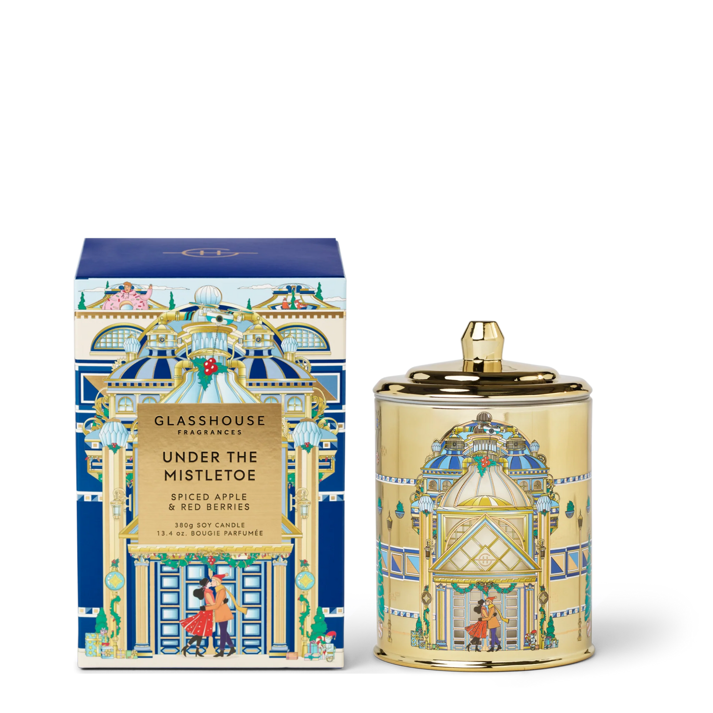 Under The Mistletoe Candle set next to its box packaging shown on a white background