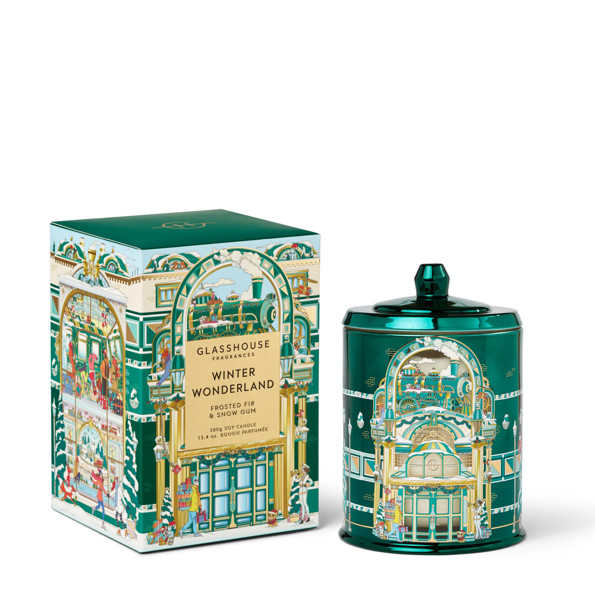 Winter Wonderland Candle set next to a side view of its box packaging
