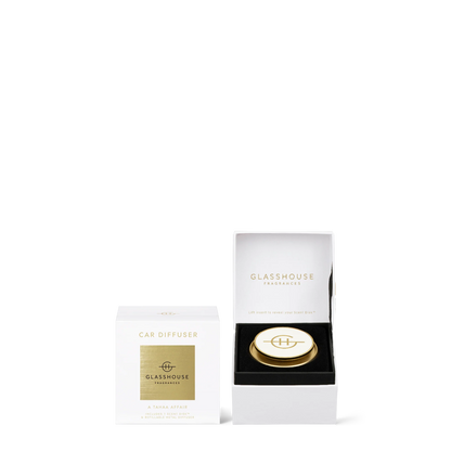 tahaa affair Car Diffuser in its white and gold box packaging