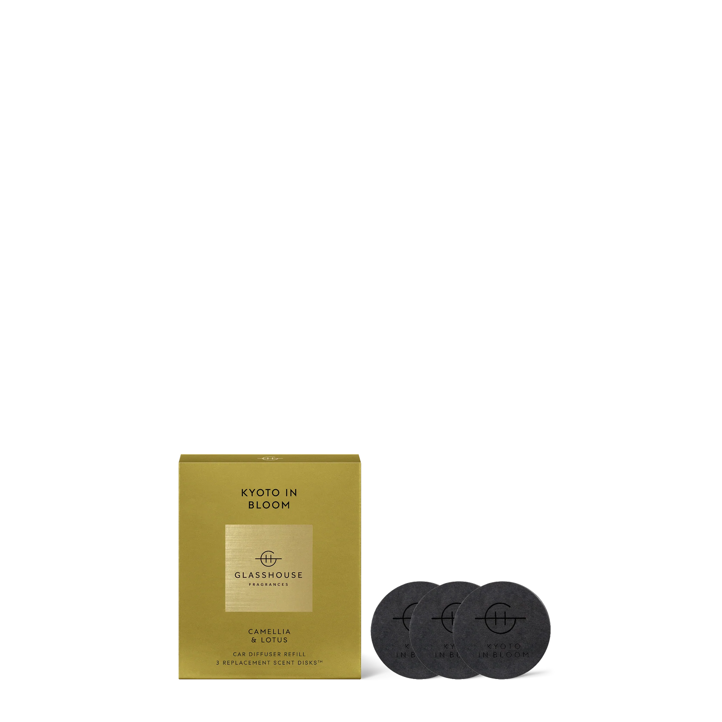 Packaging of 'Kyoto in Bloom' with 3 scent discs next to it on a white background.