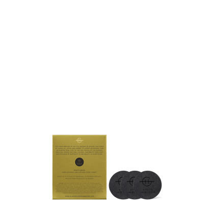 back view of Packaging of 'Kyoto in Bloom' with 3 scent discs next to it on a white background.