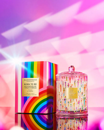 Colorful glasshouse product with rainbow design against a vibrant background