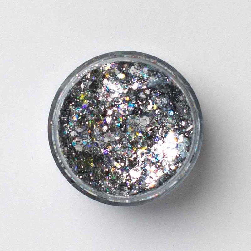 top view of open jar of galexie glister NY Mornings cosmetic glitter gel.