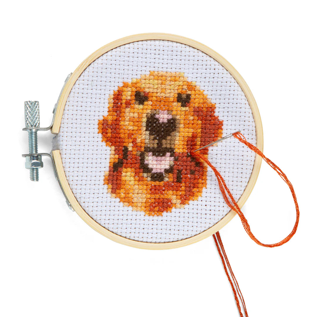 finished Dog Mini Cross Embroidery Kit with needle in it