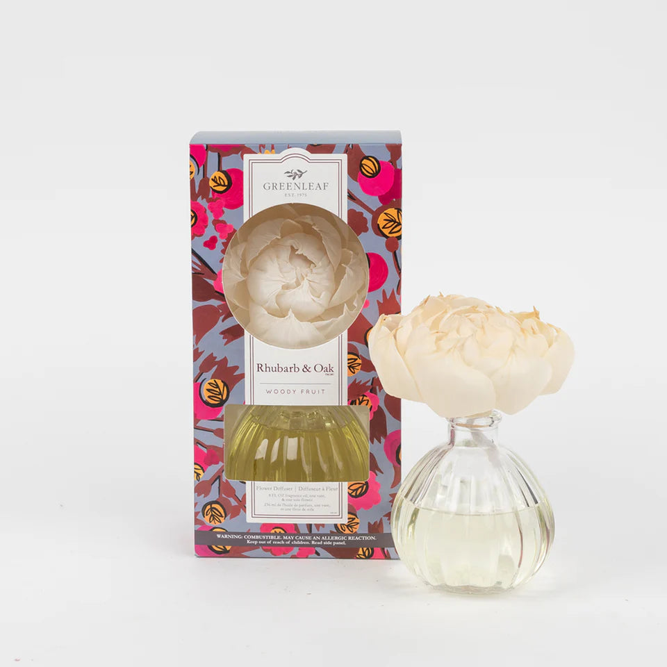 Rhubarb & Oak Flower Diffuser set next to its box packaging.