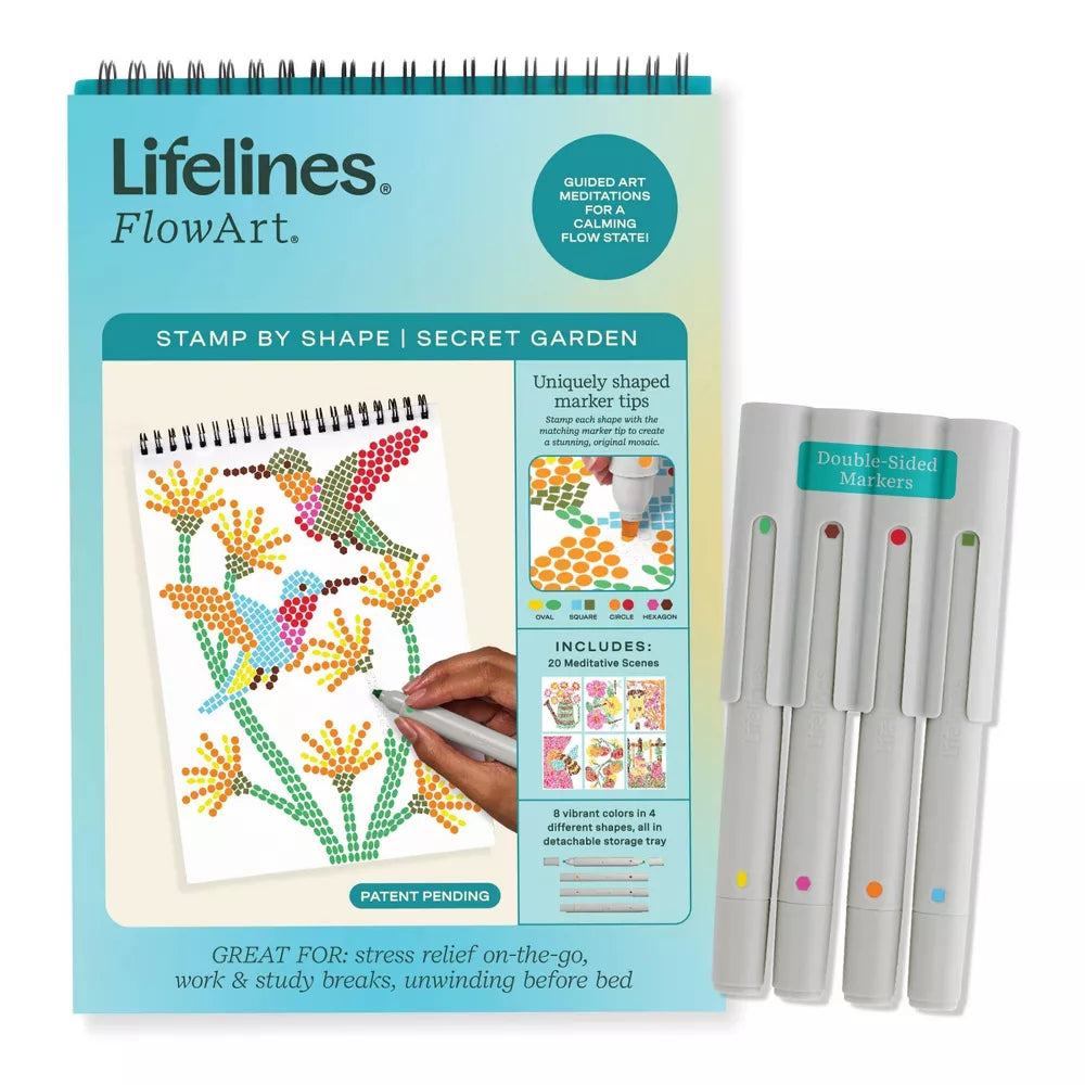 Lifelines FlowArt stamp by shape kit with coloring book and markers on a white background